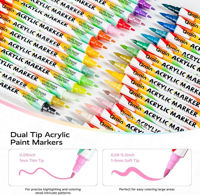 Qrain Acrylic Paint Markers Set, 120 Colors, Dual Tips (Brush & Fine), Water-Based Acrylic Markers for Rock, Wood, Glass, Fabric, Ceramics & DIY Crafts