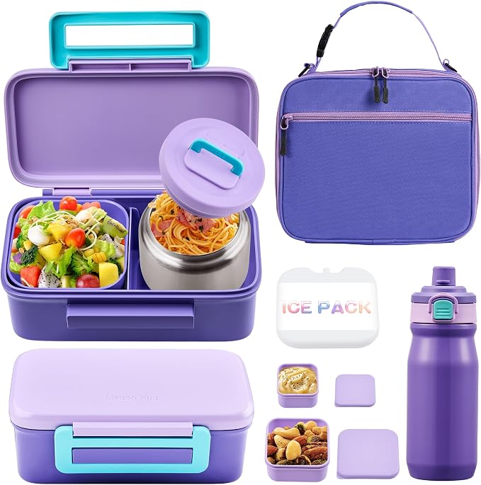 MAISON HUIS Bento Box for Kids with 8oz Soup Thermo, Insulated Lunch Bag & 17oz Water Bottle, 2-Compartment Bento Box with Built-In Ice Pack, Leak-Proof & BPA-Free (Purple)