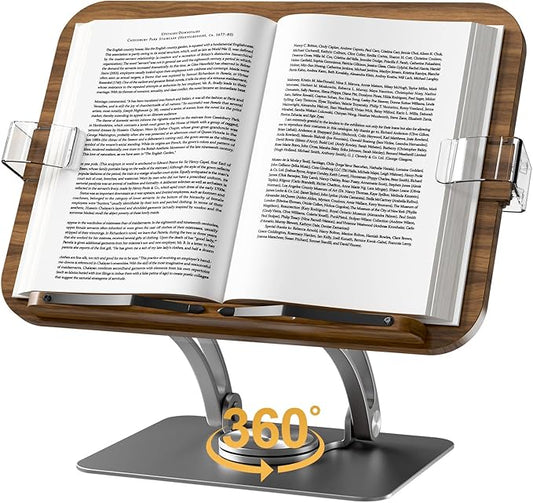 Book Stands for Reading,Adjustable Book Holder with 360° Rotating Metal Base,Foldable Cookbook Stand, Reading Hands Free with ABS Expandable Page Clips for Recipe,Textbook,Laptop