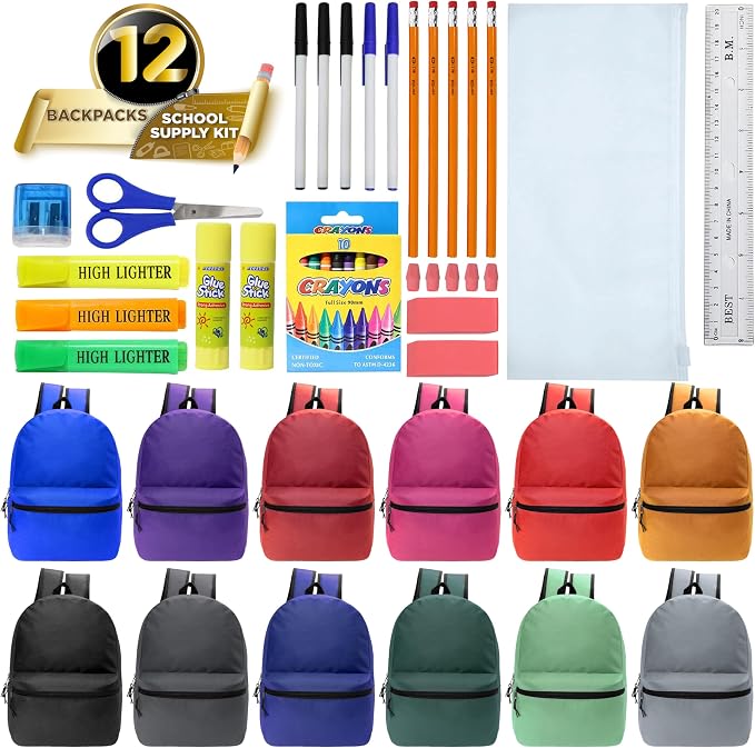 Moda West 17 Inch Bulk Backpacks with 36 Piece School Supplies Kits - Pens, Pencils, Crayons - Case of 12 Wholesale Backpacks in 12 Assorted Colors