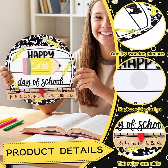 Kosiz First and Last Day of School Sign with Back to School Board Gifts Wooden First Day Sign Reusable Dry Erase 8'' (Composition Notebook and Pencil)