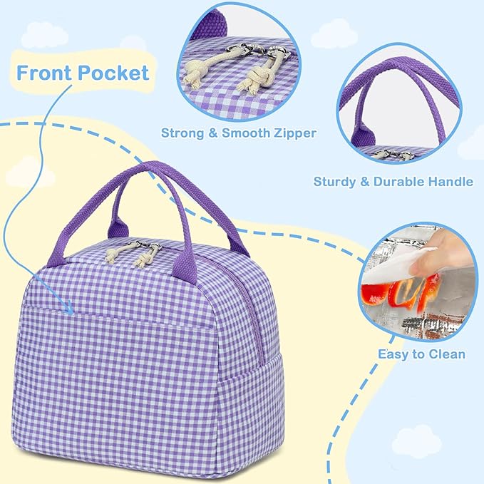 CAMTOP Lunch Box Kids Insulated Lunch Bag Large Reusable Leakproof Cooler Lunch Bags for Boys Girls School Travel Picnic (Purple and White Checkered)