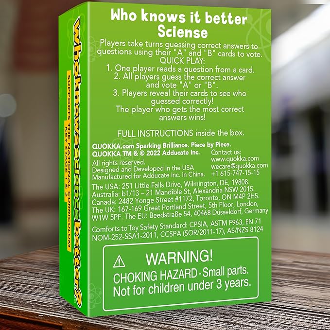 QUOKKA Board Games for Kids 8-12 – Family Games for Kids and Adults – Science Trivia Cards for Family Game Night – Who Knows Science Better – 500+ Questions – Fun Card Game for Families and Teens