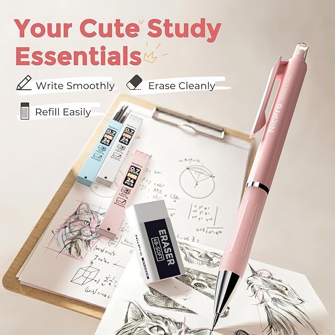 Nicpro 6PCS Cute Mechanical Pencil Set with Case, 0.7 mm Mechanical Pencils with 6 Tube HB Lead Refill, 3PCS Eraser, 9PCS Eraser Refill for School Supplies Student Writing, Drafting Drawing Sketching