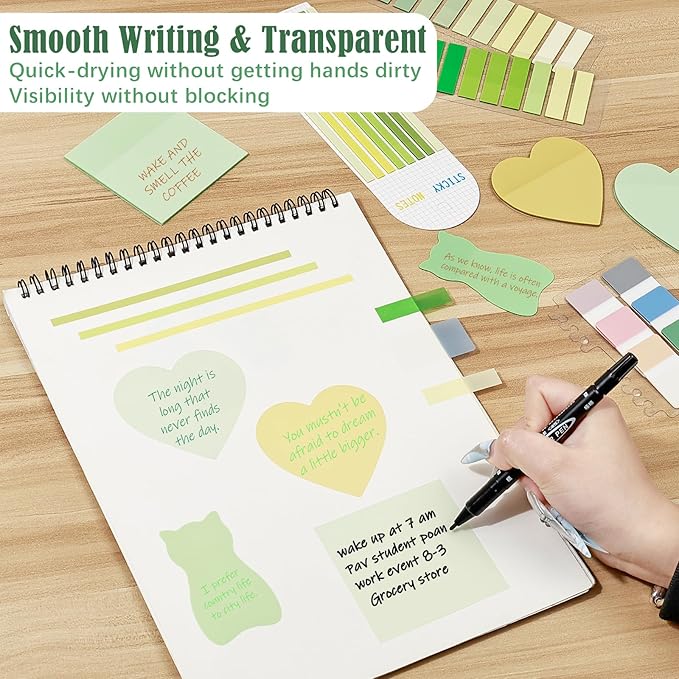 BAYTORY 850 Sheets Transparent Sticky Notes with Permanent Markers, Clear 3 x 3 inch Sticky Note to Post Book Annotation Kit, See Through Self-Adhesive Index Tabs for Bible Journaling (Green)