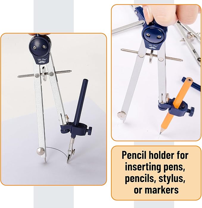 Mr. Pen- Professional Geometry Set, 7 pcs, Metal Compasses with Center Wheel & Extension Leg, Precision Drafting Kit with Storage Box for Geometry, Technical Drawing, Engineering & Architecture