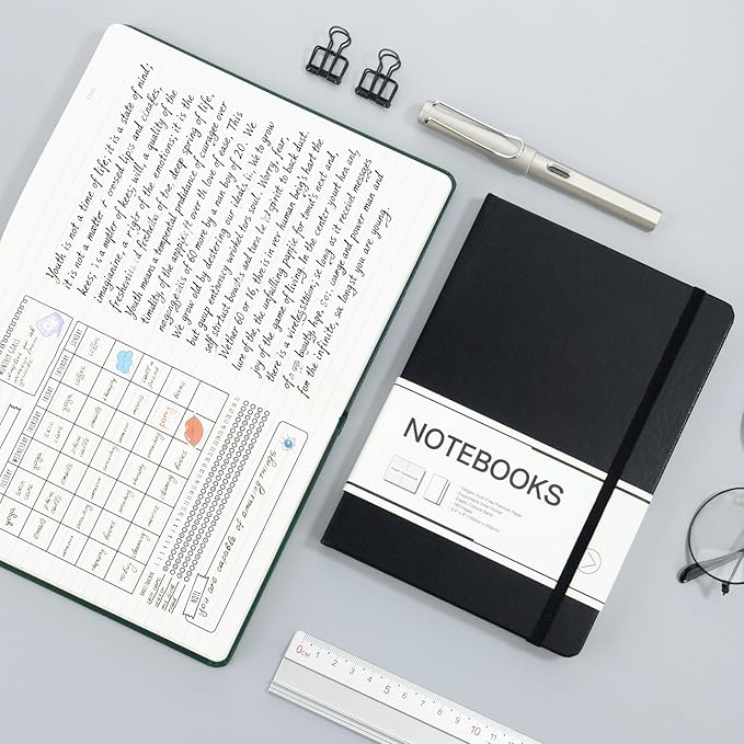 M&G Lined Journal Notebook, 160 Pages, A5 Medium Size 5.6" x 8" for Men Women, 100GSM Thick College Ruled Paper for Journaling, Writing, Work & Office, Leather Hardcover, Black