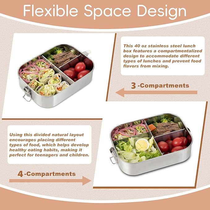 GOLDEN KEY 40oz Stainless Steel Bento Box for Kids & Adults,1200ml Leak-Proof Metal Lunch Container with Lockable Clips, BPA-Free Food Storage for School, Travel & Work, Dishwasher Safe