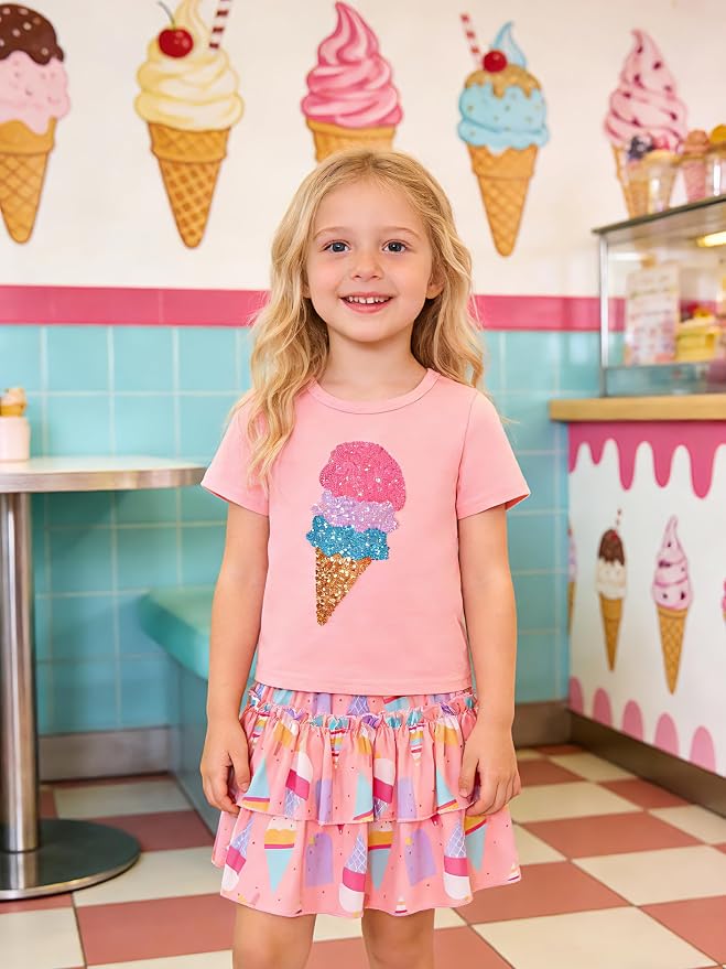 Little Girls Skirt Set - 2 Piece Short Sleeve Top Shirred Tiered Skirt Outfit Girls Spring Summer Clothes 3-8 Years