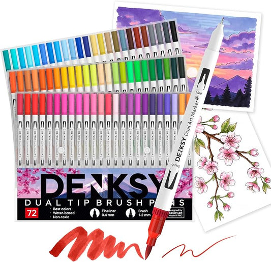 72 Watercolor Markers Set | Water Color Pens with Brush & Fineliner, Water-Based Art Markers | Dual Tip Markers for Adult Coloring, Lettering, Calligraphy, Sketching, Journaling & Illustration