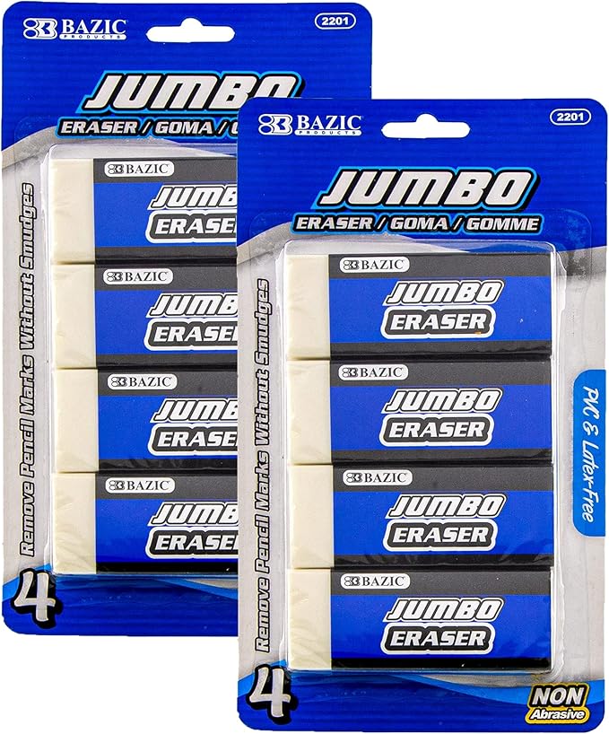 BAZIC Products Erasers, Jumbo Vinyl Pencil Eraser (4/Pack), Latex Free, White Large Size Block Erasers for Art Drawing School Office Teachers, 2-Packs