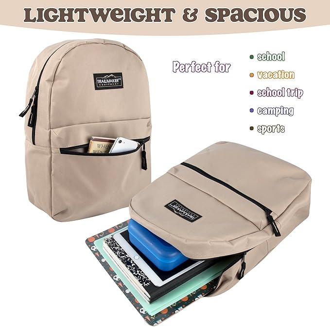 Trail maker Classic 17 inch Backpacks with Adjustable Padded Straps | School Backpacks for Girls, Boys (Khaki)