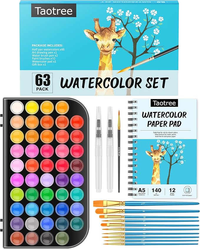 Taotree Watercolor Paint Set, Watercolor Workbook, Water Coloring Book, 48 Colors Watercolors Kit Water Colors with 10 Paint Brushes, Palette, Brush, Drawing Pad, Painting Supplies for Adults Artist