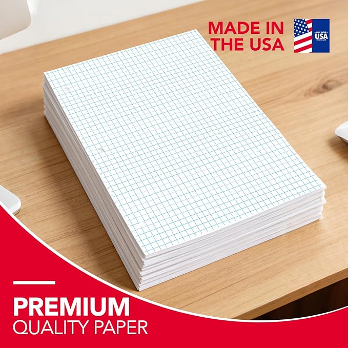 Kaisa Graph Paper Filler Paper USA-Made Bulk Wholesale Available 3 Pack 4x4 Quad Rule 3-Hole Punched Loose Leaf Paper 8x10.5 Filler Paper for 3-Ring Binder, 150 Sheets/Pack