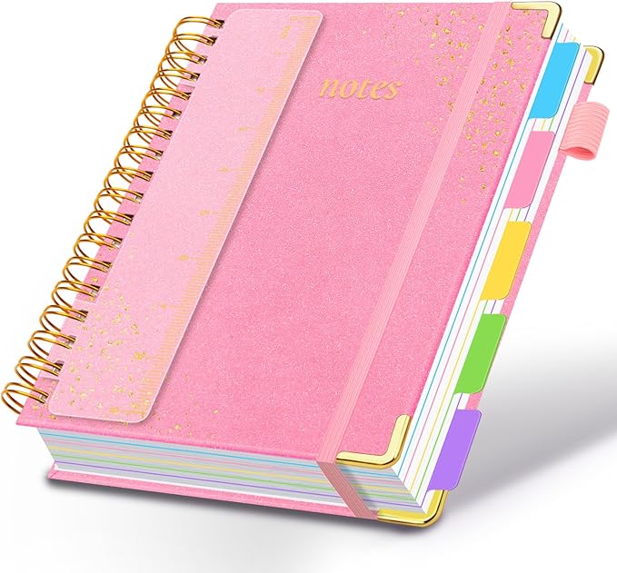 Hardcover Spiral Notebook with Removable Dividers & Tabs, 8"x10" 5 Subject Notebooks for Work, 300 Pages College Ruled Notebook, B5 Sparkle Lined Journal for Women Girls Note-Taking (Pink)
