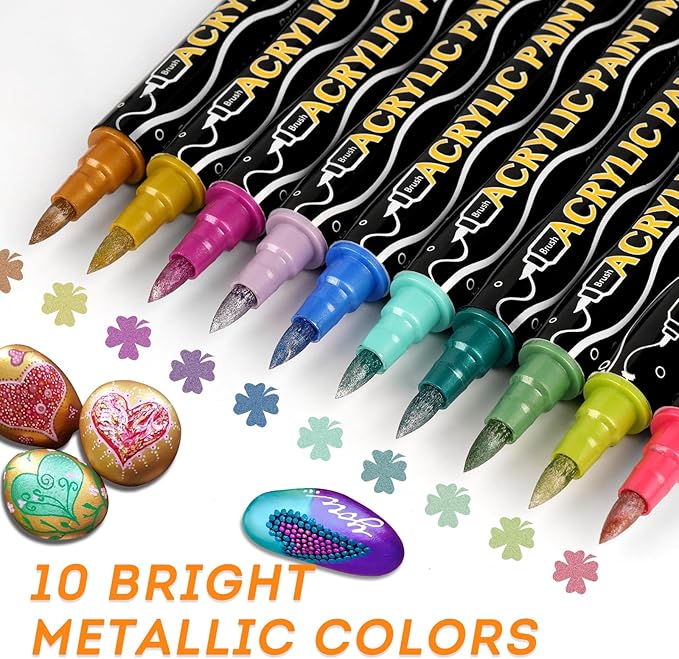 colpart 72 Colors Acrylic Paint Markers,Dual Tip Acrylic Paint Pens,Includes 12 Metallic Brush Tip Fine Tip Markers For Rock Painting,Plastic,Canvas And Diy Crafts Art Supplies