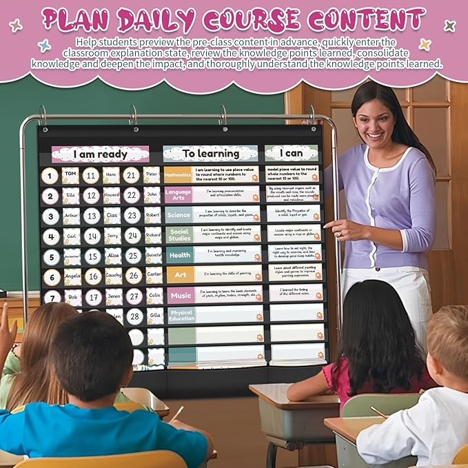 Visible Learning Classroom Pocket Chart - Reusable Dry Erase Learning Goals Board, Motivational Incentive Chart for Learning Goals, Behavior Tracking & Centers Rotation, Homeschool(Black)