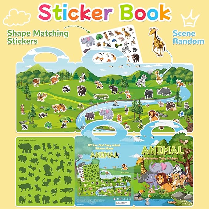Reusable Sticker Book for Toddlers 3-6, Jelly Stickers for Kids, Sticker Activity Book Travel Toys for Car & Airplane, Educational Learning Gifts for Boys and Girls Ages (Animals Theme)