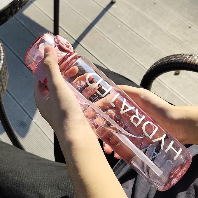 GOPPUS Water Bottles Clear Water Bottle with Straw 32oz Plastic Water Bottles BPA Free Tritan Wide Mouth Bottle Leakproof Motivational bottles water for Gym,Hiking,School or Office(1 Bottles)