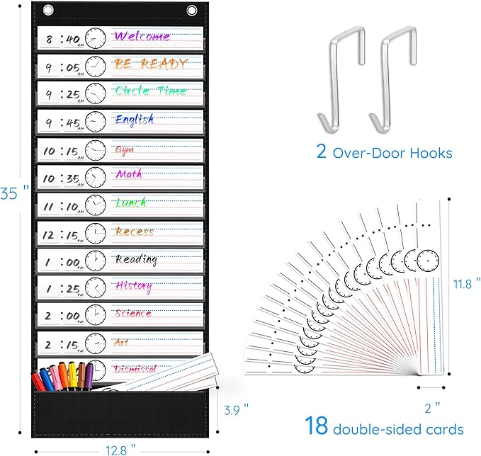 ZKOO Daily Schedule Pocket Chart, School Smart Pocket Chart with 18 Blank Double-Sided Reusable Cards, Teaching Scheduling Pocket Charts for Classroom 13+1 Pocket (Black)