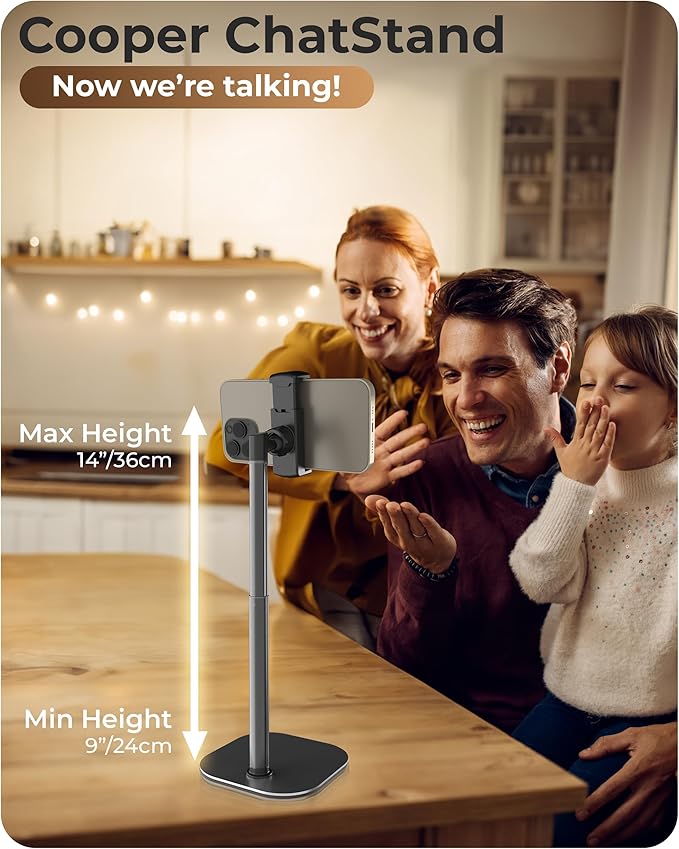 COOPER ChatStand, Adjustable Cell Phone Stand for Desk, Phone Stand for Recording, iPhone Holder for Filming, Small Tripod for iPhone, Fits Samsung, Android Smartphones, (Metallic Gray)