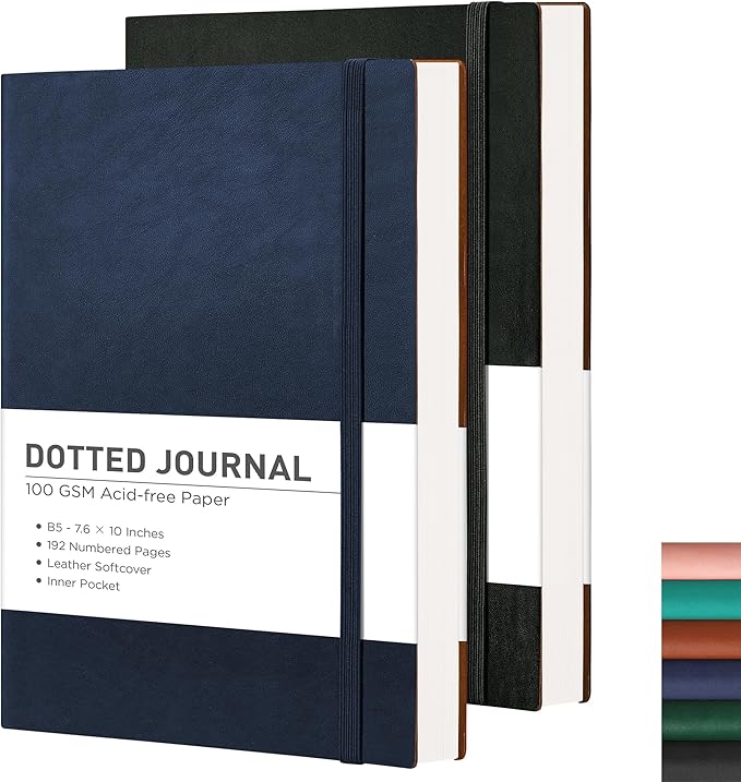 RETTACY Dotted Journal Notebook, 2-Pack, 192 Numbered Pages per Pack, B5 Medium Size (7.6'' × 10''), Leather Softcover, 100 GSM Thick Paper, for Journaling, Planning (Black & Navy Blue)