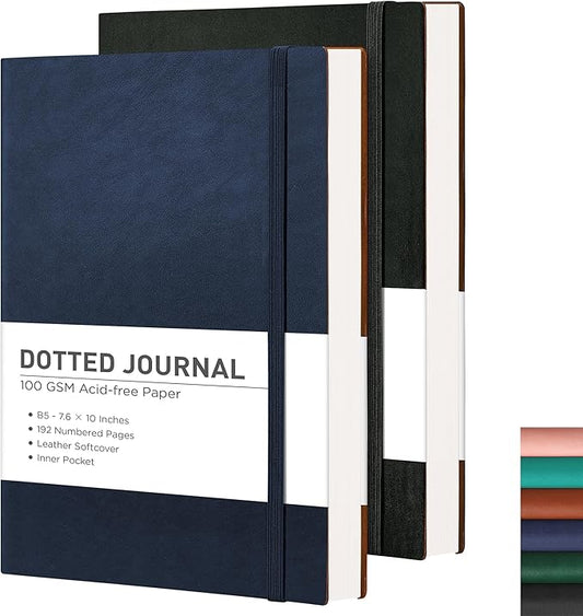RETTACY Dotted Journal Notebook, 2-Pack, 192 Numbered Pages per Pack, B5 Medium Size (7.6'' × 10''), Leather Softcover, 100 GSM Thick Paper, for Journaling, Planning (Black & Navy Blue)