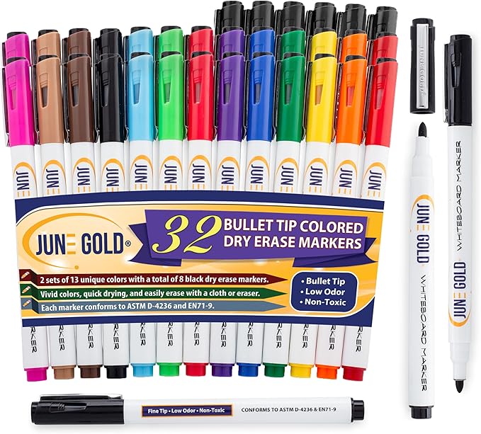 June Gold 32 Assorted Colored Dry Erase Whiteboard Markers, Fine/Bullet Tip, 2 sets of 13 Unique Colors With 8 Black Markers, Low Odor, Slim Barrel & Vivid Lines