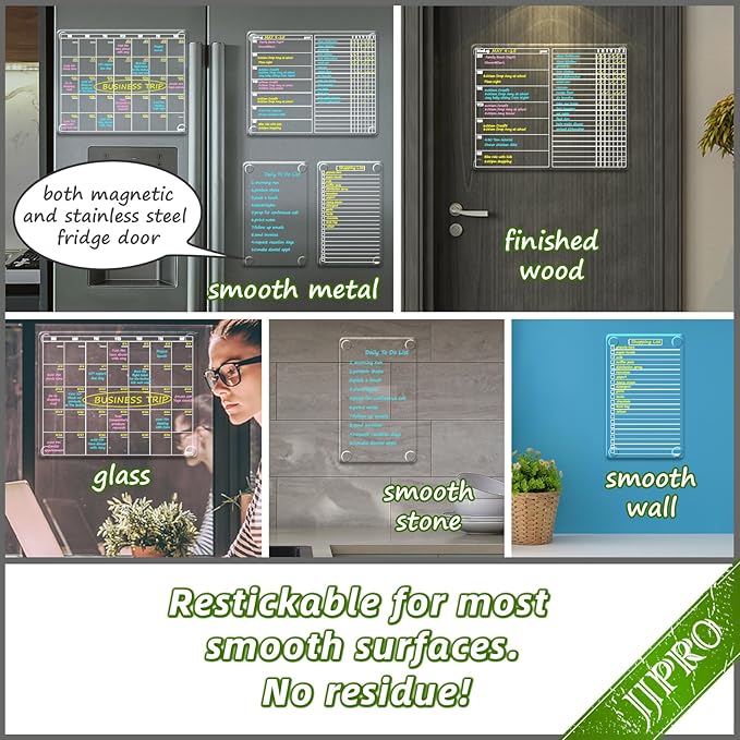 JJPRO Non-Magnetic Calendar for Fridge-Clear Monthly Calendar,Weekly Planner,List and Blank Board -Reusable Board Sticks to Fridge,Wall,Door&Glass,Non Magnetic Fridge Calendar