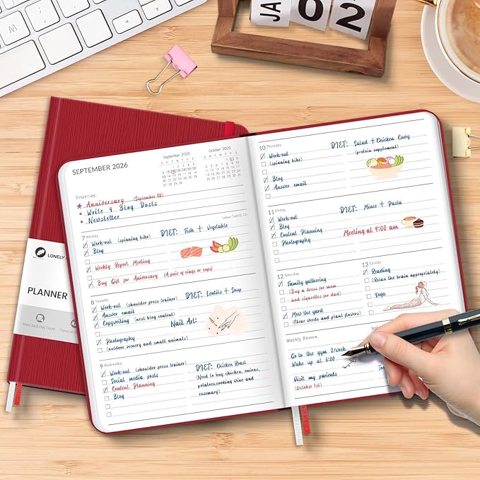 Lonely Oak Academic Planner 2026-2027, A5 Daily Weekly and Monthly Planner 5.75" x 8.4", 13 Months Faux Leather School Year Agenda from Jul.2026 to Jul.2027 for Student and Teacher (Red)