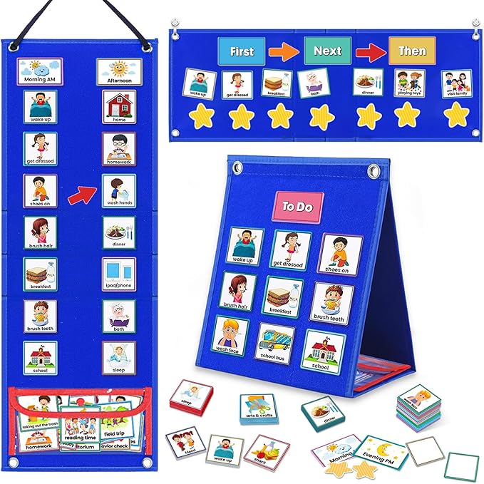 ALSLEA Visual Schedule for Kids with Autism Chore Chart for Kids Daily Routine Chart Autism Learning Materials Toddler Planning Board Visual Schedule for Classroom, Home with 124 Cards (DarkBlue)