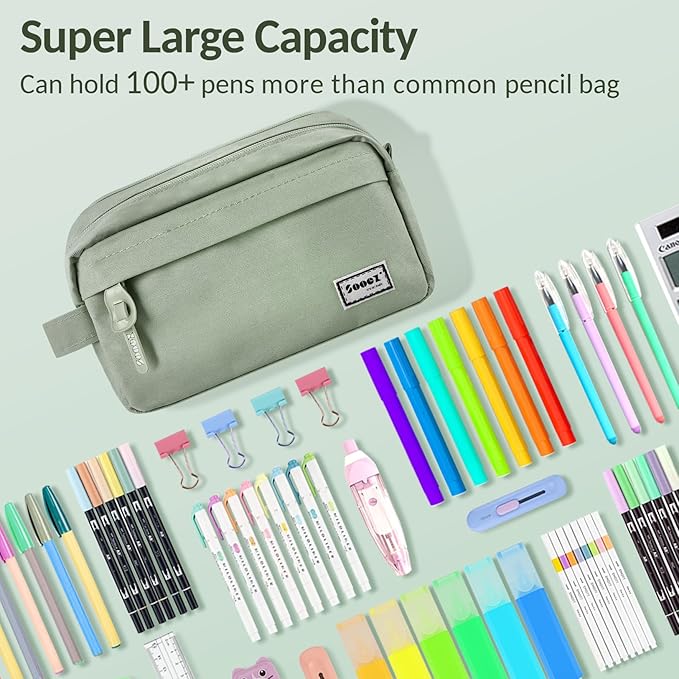 Sooez Original High Capacity Pencil Case, Big Pencil Bag Pouch Box Organizer Pen Case, Aesthetic Supply for Girls Adults, Portable Journaling Supplies with Easy Grip Handle & Loop, Olive Green