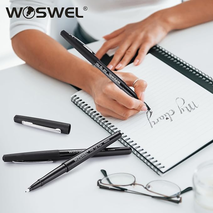 WOSWEL Black Felt Tip Pens, 32 Black 0.7mm Medium Point Felt Tip Markers Pen for Journaling, Note Taking, Planner, Writing,Drawing.Perfect for Art Office and School Supplies (Pack of 2)