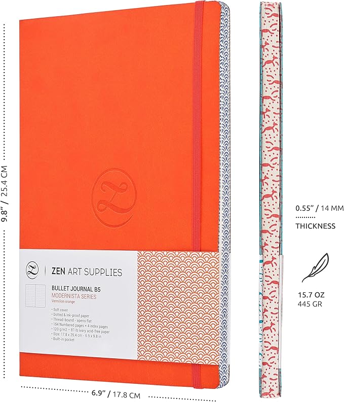 Soft Cover Large B5 Dotted Journal - Enjoy Bullet Journaling with a 7x10-inch, Non-Bleed Thick 120gsm Paper, Dot Journal in Orange, Japanese Edge Motif - Faux Leather Lay Flat Dot Notebook
