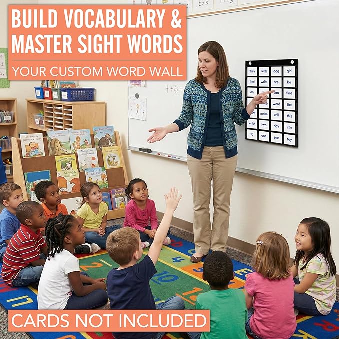 Magnetic Pocket Chart for Classroom - Small 7 Pocket Chart for Word Wall Daily Schedule Sentence Strips Sticker Display, Black Teacher Supplies for Preschool Elementary & Home