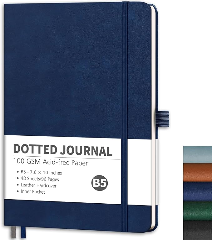 RETTACY Dotted Journal Notebook, 96 Pages, B5 Medium Size (7.6'' x 10''), Leather Hardcover, 100 GSM Thick Paper, for Journaling, Planning, Tracking (Navy Blue)