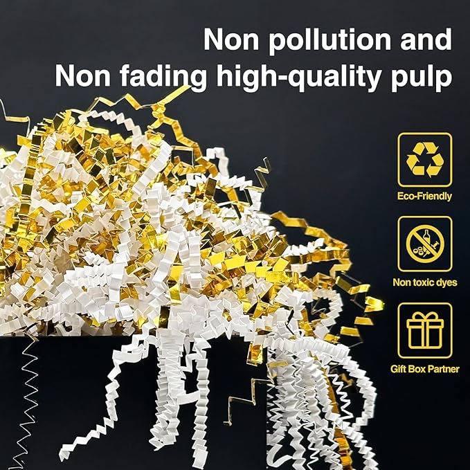 1LB Crinkle Cut Paper Shred Filler for Gift Box Bag and Basket On Holidays(Gold&White)
