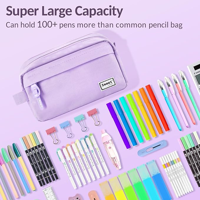 Sooez Original High Capacity Pencil Case, Big Pencil Bag Pouch Box Organizer Pen Case, Aesthetic Supply for Girls Adults, Portable Journaling Supplies with Easy Grip Handle & Loop, Purple