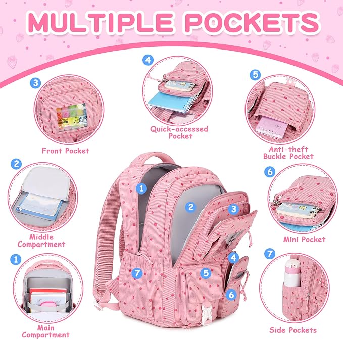 PIG PIG GIRL Corduroy Backpack Kids Backpack for Girls School Bags for Middle School Students Book Bag for Elementary Primary Kawaii Ita Backpack, Pink Strawberry