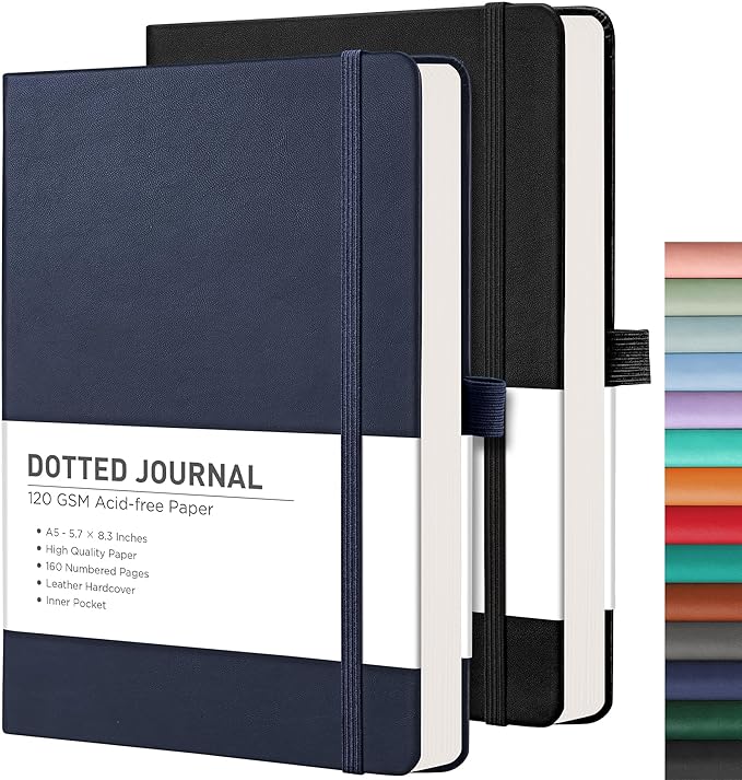 RETTACY Dotted Journal Notebook, 2-Pack, 160 Numbered Pages per Pack, A5 Medium Size (5.7'' x 8.3''), 120 GSM Thick Paper, Leather Hardcover, for Journaling, Planning, Tracking (Black & Navy Blue)