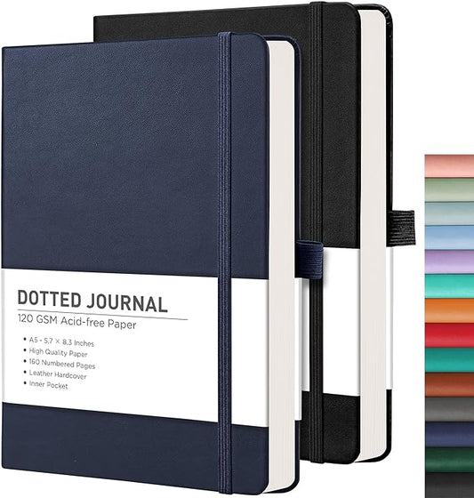 RETTACY Dotted Journal Notebook, 2-Pack, 160 Numbered Pages per Pack, A5 Medium Size (5.7'' x 8.3''), 120 GSM Thick Paper, Leather Hardcover, for Journaling, Planning, Tracking (Black & Navy Blue)