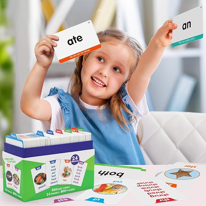 BenBen Sight Words & Phonics Flash Cards, 500 Sight Words & 24 Phonics, 800+ Words, Learn to Read Dolch & Fry High Frequency Site Words for Pre-k Kindergarten 1st 2nd 3rd Grade Kids Ages 3-9