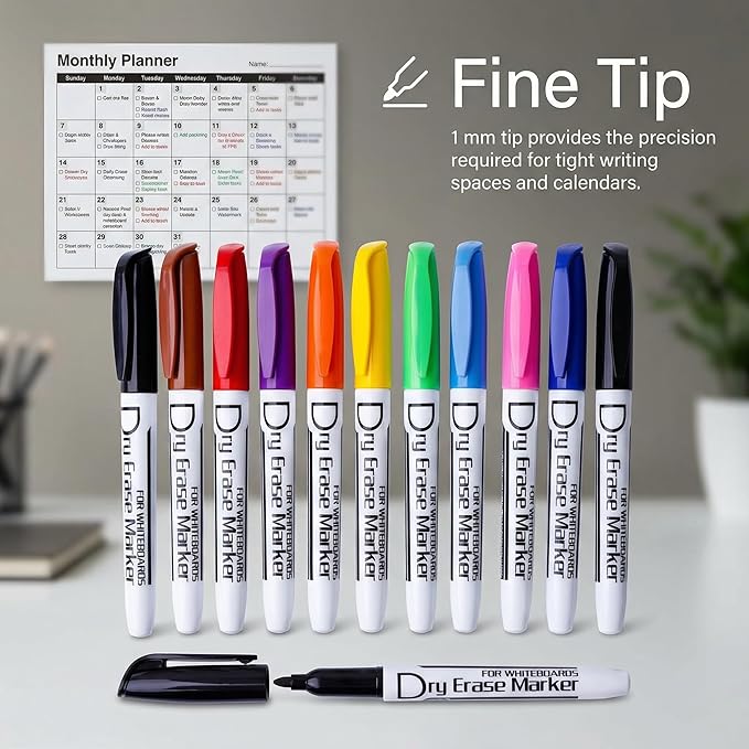 Volcanics Dry Erase Markers Low Odor Fine Whiteboard Markers Thin Box of 12, 10 Colors