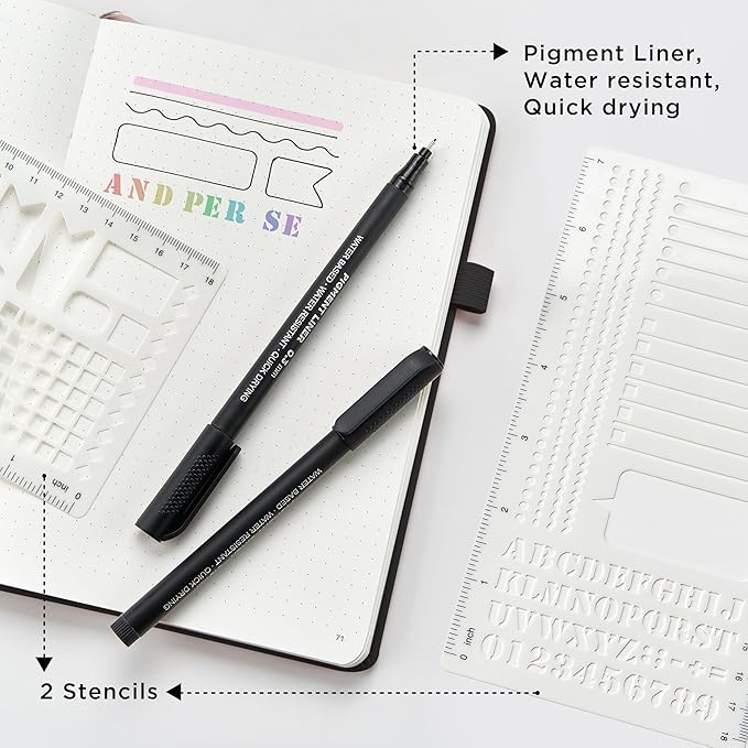 &And Per Se Dotted Notebook, A5 Hardcover with Journal Dotted Pages, Journal Stencils & Pen, 176 Numbered Pages for Beginners Women Men (Dark Blue)