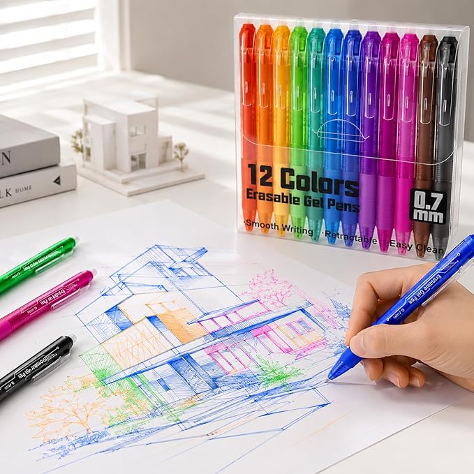 sunacme Retractable Erasable Gel Pens, 12 Color Fine Point Erasable Pens Clicker, Make Mistakes Disappear, Assorted Ink for Drawing, Writing, Planner & Crossword Puzzles (0.7mm, Pack of 12)