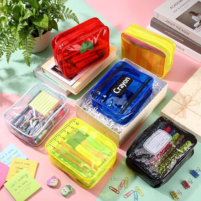 Suclain 6 Pack Back to School Teacher Gift, Teacher Survival Kit Bag, Stationery Zipper Cosmetic Pouches, Transparent PVC Pencil Case Waterproof Toiletry Makeup Bag for School Supplies, Travel