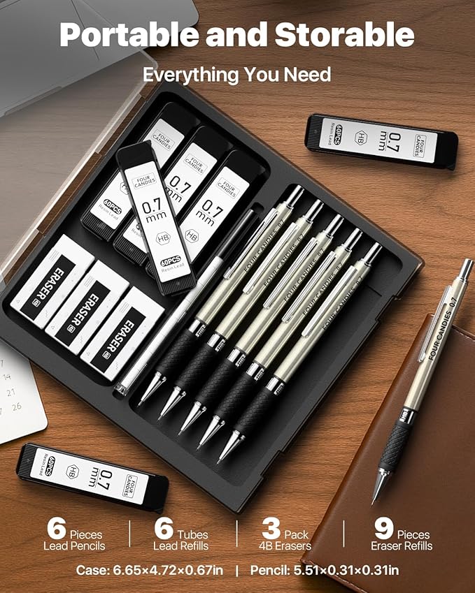 6PCS Metal Mechanical Pencil Set with 0.7mm Medium Point, 360 Leads, 12 Erasers, Art Mechanical Pencils Pack with Storage Case for School Writing, Sketching, Drawing & Professional Drafting