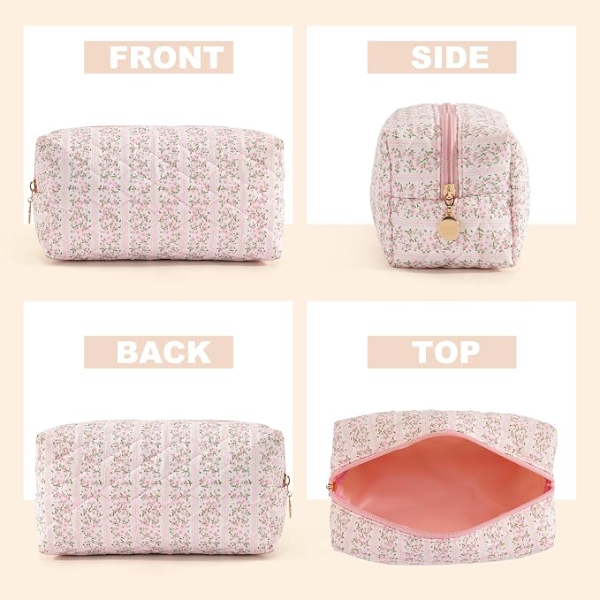Makeup Bag Travel Toiletry Bag for Women, Small Cosmetic Bags Cute Quilted Cotton Makeup Pouch for Purse Emergency Bag Pencil Case Accessory Bag, Pastel Pink