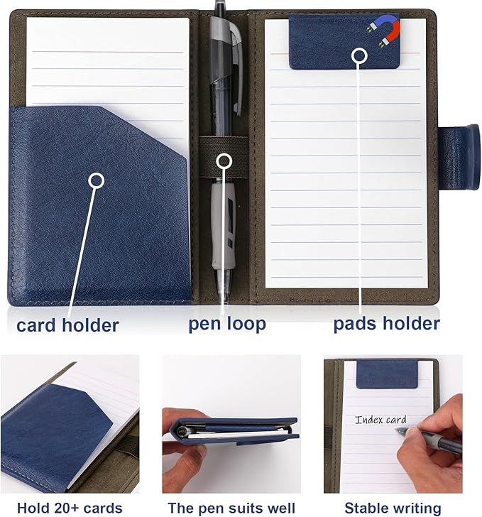Blue Index Card Holder PU Leather 3x5 Note Card Holder Wallet Portable Pocket Notepad with Pen Holder Magnetic Index Card Case with Card Solt 20 Pcs Ruled Note Cards For Record Meetings (No Pen)