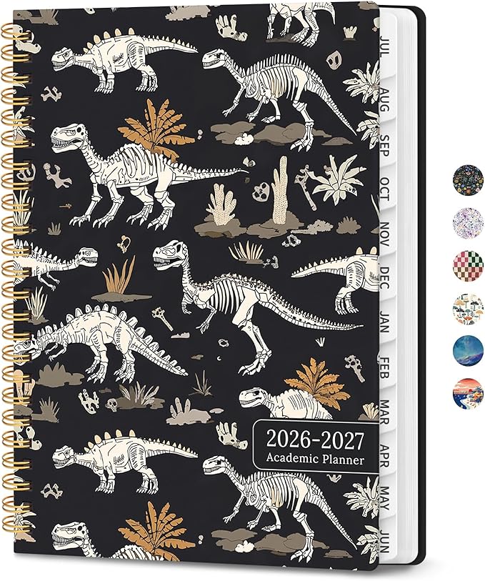 Planner 2026-2027, Academic Planner Weekly and Monthly, Jul 2026 - Jun 2027, Spiral Bound School Planning Tool with Tabs and Pocket, Perfect for Students & Teacher, 6.3" x 8.5", Dino Fossils